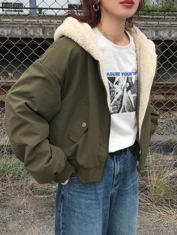 FRIFUL Women's Olive Green Hooded Fuzzy Jacket With Zipper Pockets And Drawstring Hem, Loose Casual Versatile Thermal Lined Outerwear For Airport Travel And Everyday Wear, Autumn Thermal Lined,Winter