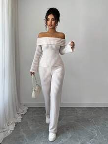 Elenzga Bộ 2 áo len hở vai tay dài và quần ống đứng thường ngày cho nữ, Thu/Đông - Màu be - Xem 4