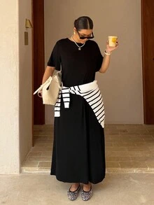 Dripcurv Plus Casual Long Solid Tee Dress For Summer - Black - View 3