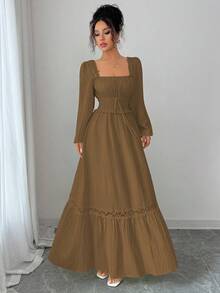 Elenzga Spring/Autumn New Cream Yellow French Design Puff Sleeve Patchwork Frill Trim Elegant High-Waist Slim Long Sleeve Dress - Brown - View 3