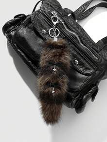 ROMWE Goth 1pc Y2K Retro Chic Cute Minimalist Sophisticated High-Quality Animal Print Series Brown Faux Fur Anime Fox Tail With Black Lace Bow, Star Decor DIY Keychain Bag Charm, Suitable For Cosplay, Daily Wear, Holiday Gift For Women