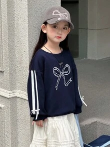DAZY Áo nỉ dài tay cổ tròn cho bé gái, phối nơ bên hông, kiểu dáng thường ngày. - Màu xanh hải quân - Xem 4