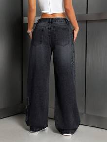 EURMUSE 女式口袋蝴蝶刺绣水洗直筒牛仔裤 - 淺灰色 - 查看 5