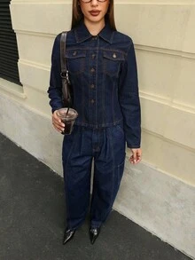 Flirla 女士时尚休闲口袋宽松牛仔裤 - 藍色 - 查看 8