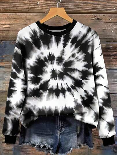 EMERY ROSE 加大码黑白扎染印花长袖套头卫衣，适合秋季休闲穿着。