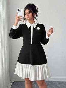 SHEIN Elenzya Elegant Plus Size Black And White Long Sleeve Shirt Collar Dress With Floral Decor,Pleated Hem,Autumn Casual Business For Women,Office Formal - Black and White - View 5