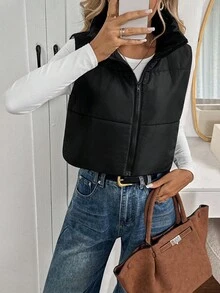 Easowa Áo khoác vest không tay chần bông, lót ấm, phong cách thoải mái, năng động cho nữ đi làm vào mùa thu/đông - màu đen - Xem 3