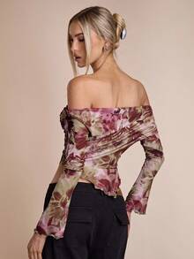 SHEIN BAE 女士花卉印花褶饰露肩性感长袖上衣 - 彩色 - 查看 2