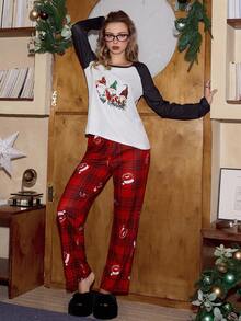 SweetSlumber Santa Claus Plaid Print Contrast Color Raglan Sleeve Women Pajama Set Christmas Pj Set Winter, Fall Clothes - Multicolor - View 5
