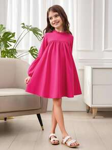 SHEIN Tween Girls' Sweet Frill Trim Lantern Sleeve Dress, Suitable For Autumn/Winter - Hot Pink - View 8