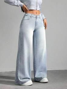 SHEIN Tall CURVE Quần jean nữ cỡ lớn màu xanh nhạt dáng rộng, thích hợp cho kỳ nghỉ hè, câu lạc bộ, văn phòng, nhạc đồng quê, hòa nhạc, tiệc tùng, du lịch trên tàu biển, phong cách grunge, quần jean cạp cao, ngày Valentine. - Màu xanh lam - Xem 4