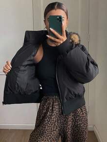 DAZY Áo khoác lông trùm đầu dáng rộng, dáng ngắn, có đệm cho nữ mùa đông - màu đen - Xem 2