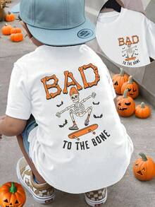SHEIN 青少年男孩休闲时尚趣味万圣节骷髅滑板字母图案基本款短袖圆领 T 恤、万圣节“Bad To The Bone”字母标语白色 T 恤、Spooky Season 万圣节上衣 - 白色 - 查看 1