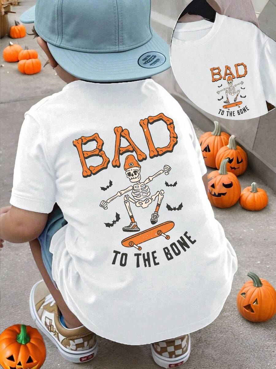 SHEIN 青少年男孩休闲时尚趣味万圣节骷髅滑板字母图案基本款短袖圆领 T 恤、万圣节“Bad To The Bone”字母标语白色 T 恤、Spooky Season 万圣节上衣 - 白色 - 查看 1