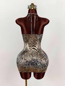 Amplova Vestido ajustado de mujer con tirantes finos y estampado de leopardo