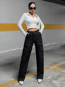 EURMUSE 100%Cotton Top-Stitching Flap Pocket Side Cargo Jeans - Black - View 3