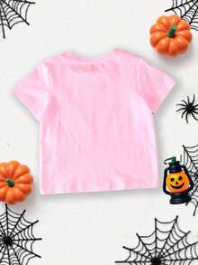 SHEIN Baby Girl Casual Minimalist Fashion Halloween Pumpkin Bow Graphic Short Sleeve Round Neck T-Shirt, Suitable For Summer - Pink - View 2