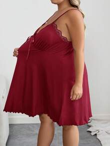 SHEIN CURVE+ Curve 大码/秋装/秋季女装/女冬装/冬装大码女式黑色蕾丝拼领吊带裙 - 酒紅色 - 查看 8