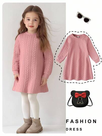 Elladie kids 女童编织纹理长袖连衣裙，休闲运动户外装，莲花粉色