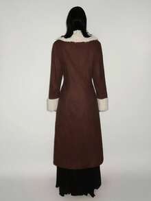 SHEIN ICON Women's Fashion Single-Breasted Faux Fur Collar Patchwork Long Coat, Winter - Brown - View 2