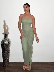 Andrea Bello Summer Elegant Romantic Sage Green Flowing Ruffled Slit Maxi Dress And Elegant Women's Mesh Bodycon Party Dress, Suitable For Valentine's Day, Date Night,, Suitable For Vacation, Beach, Music Festivals, Suitable For Spring And Summer, Suitable For Daily Dating, Night Out, Party, Gathering - Green - View 1