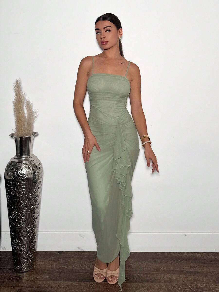 Andrea Bello Summer Elegant Romantic Sage Green Flowing Ruffled Slit Maxi Dress And Elegant Women's Mesh Bodycon Party Dress, Suitable For Valentine's Day, Date Night,, Suitable For Vacation, Beach, Music Festivals, Suitable For Spring And Summer, Suitable For Daily Dating, Night Out, Party, Gathering - Green - View 1