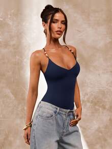 SHEIN BAE Brown Beaded Spaghetti Strap Bodysuit For Women, Summer Tight Sexy Retro Camisole Bodysuit, Beach Vacation Camisole, Beaded Camisole - Navy Blue - View 6