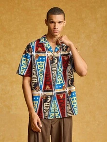 HARRY POTTER X SHEIN 男士休闲时尚街头度假风格全印花翻领短袖宽松衬衫，夏季 - 彩色 - 查看 4