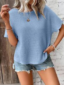 Chiquease Áo thun thường ngày bốt cổ ngắn tay dơi trơn màu dành cho nữ có thiết kế xoắn ở lưng - Màu xanh lam - Xem 6