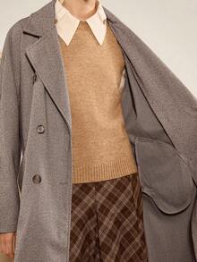 Almamuse Women's Autumn/Winter Herringbone Lapel Double-Breasted Belted Loose Long Coat