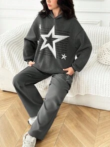 2 件套青少年女孩星星字母印花宽松灰色连帽运动衫和工装口袋褶皱斜纹裤，女孩冬季/秋季服装，儿童运动服，非常适合秋冬季休闲、日常穿着和上学 - 灰色 - 查看 5