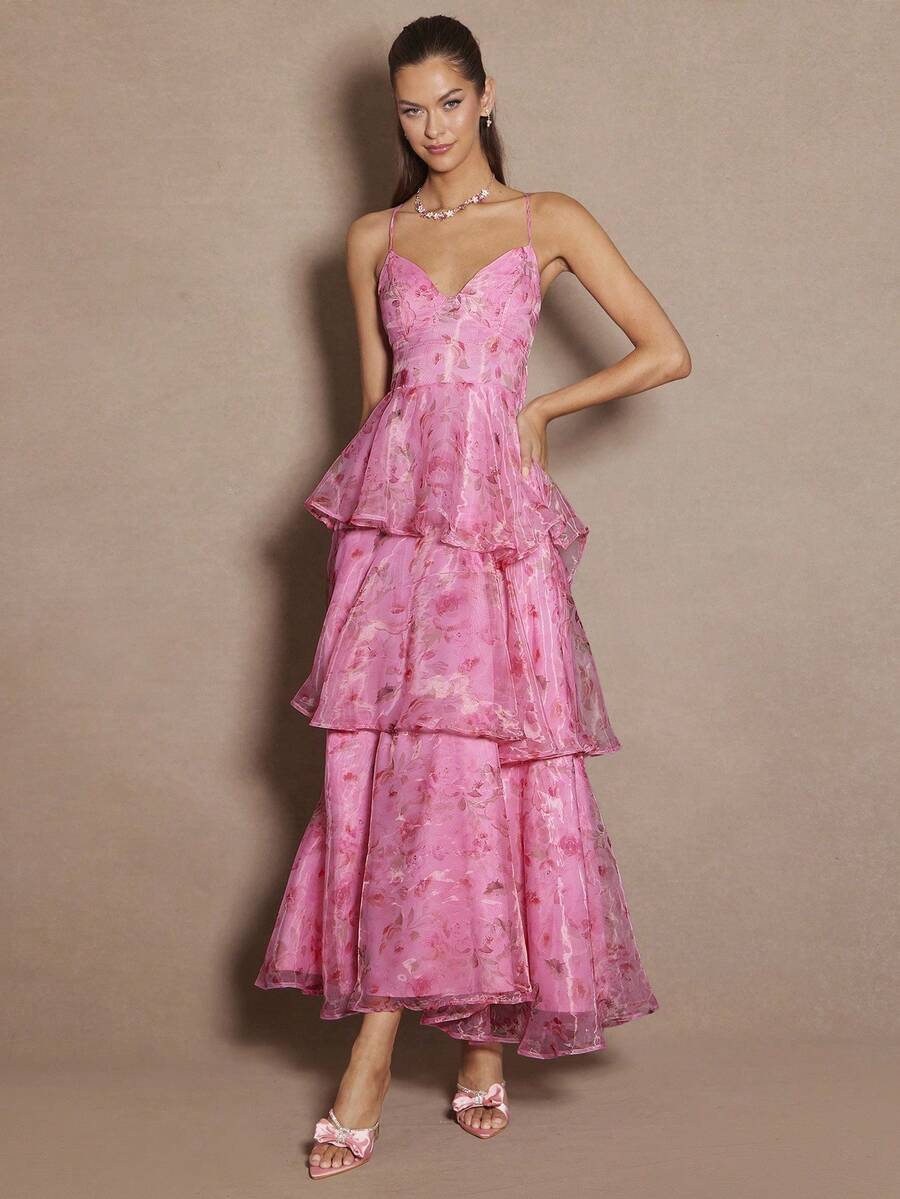 Enchnt Women's Floral Print Layered Ruffle Hem Elegant Spaghetti Strap Dress - Pink - View 1