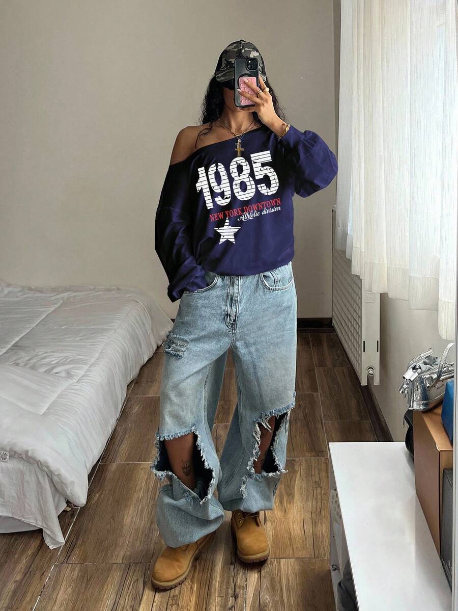 StreetHx 女式复古 1985 星形印花斜肩卫衣，海军蓝朋克宽松轻盈超大卫衣，秋季 - 藏蓝色 - 查看 1