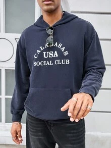 Manfinity Sudadera con capucha minimalista con gráfico de letras para hombres - Azul - Ver 6