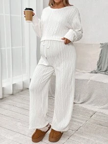 SHEIN Ropa de otoño, ropa de otoño, ropa de maternidad de otoño/invierno, conjunto de 2 piezas de maternidad de unicolor con textura de parte superior e pantalones, conjunto de 2 piezas de maternidad, trajes de 2 piezas de maternidad, conjuntos de 2 piezas de descanso, conjunto de 2 piezas cómodo para mujer