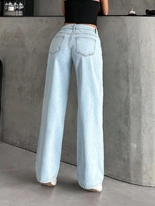 RueChic 100%Cotton Low-Waist Light Blue Washed Wide Leg Jeans - Light Wash - View 2