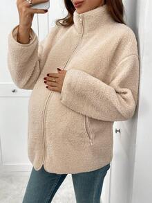 SHEIN Pregnant Women Khaki Plush Solid Color Zipper Jacket Warm Three-In-One Jacket, Autumn And Winter Jacket Pregnant Women Three-In-One Jacket Winter Maternity Coat Maternity Jacket Baby Carrier Jacket Women Fleece Jacket 3-In-1 Jacket  Women's Winter Jacket