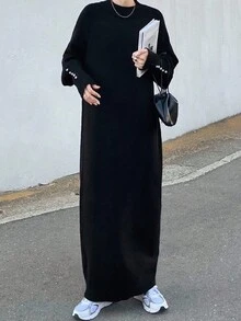 FRIFUL 女式黑色纯色宽松中长连衣裙，高领，落肩，长袖，仿珍珠装饰袖口，休闲百搭，秋季毛衣裙 - 黑色 - 查看 4