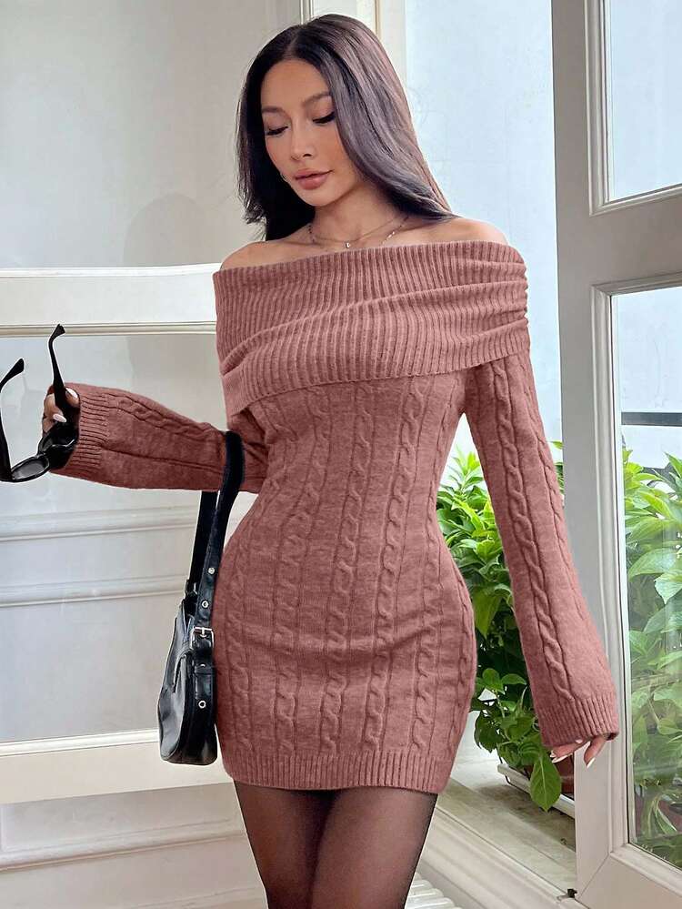 EURMUSE Váy len dài tay trễ vai họa tiết cáp thời trang thu đông cho nữ - Bụi hồng - Xem 4