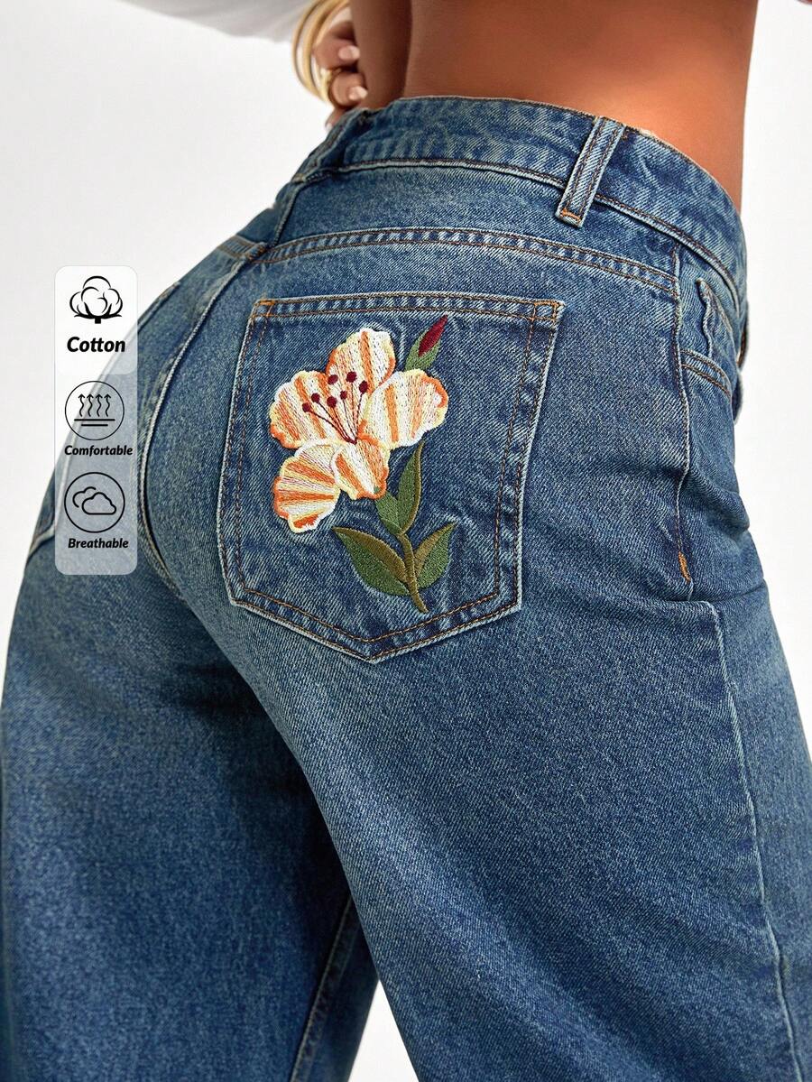 EURMUSE Blugi drepți cu talie joasă, broderie și detalii