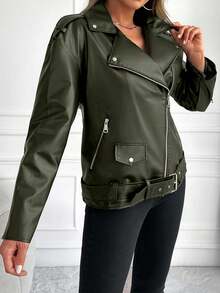 EURMUSE Women's Fashionable Solid Color Jacket With Belt, Autumn - Army Green - View 5