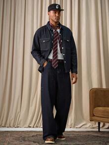 Manfinity Homme 男士长袖休闲商务水洗牛仔衬衫，春秋季送给男友和老公 - 深色水洗藍 - 查看 3