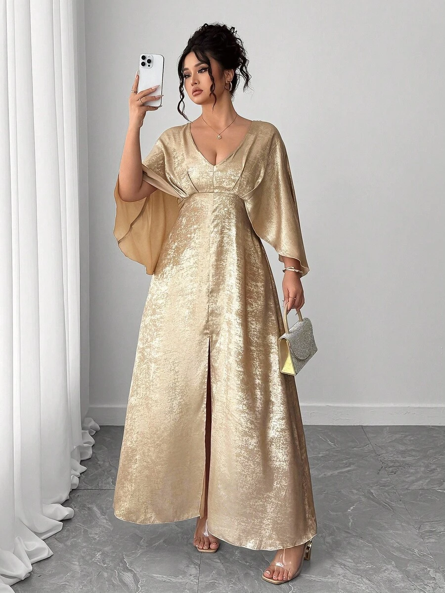 Elenzga 大码女士奢华V领二合一金色晚礼服，秋冬 - 金色 - 查看 1