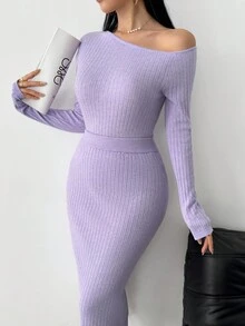 Modelyn Conjunto de 2 piezas de suéter de unicolor elegante con cuello asimétrico y falda de punto para mujer - Morado - Ver 7