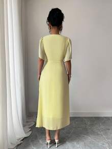 Rafferiza Solid Color Chiffon Fashionable Cinched Waist Elegant Pleated Dress - Yellow - View 2