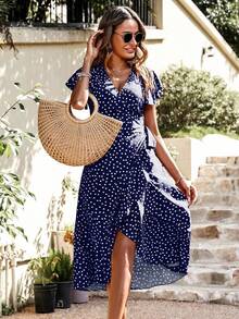 Breezaya Vacation Casual Polka Dot Print Wrap Dress - Navy Blue - View 4