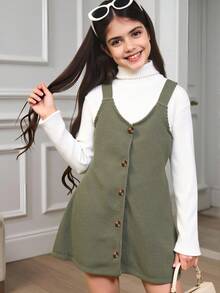 SHEIN 1pc Button Decor Strap Dress For Tween Girls - Army Green - View 8