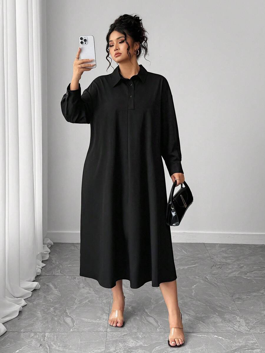 SHEIN PETITE CURVE Plus Size Solid Color Casual Loose Fit Shirt Dress - Black - View 1