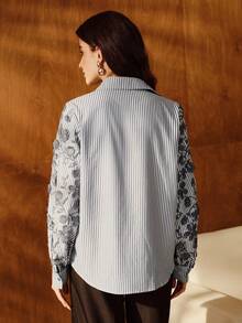 Anewsta New Spring/Summer Loose Casual Striped Patchwork Embroidered Shirt - Baby Blue - View 2