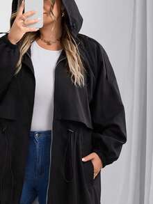 SHEIN CURVE+ Áo khoác trùm đầu dài tay raglan màu trơn cỡ lớn dành cho nữ, dáng rộng, có dây rút, eo cao, thường ngày, mùa đông/thu/đông - màu đen - Xem 15